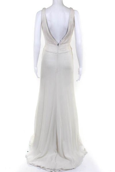 Rafael Cennamo White Couture  White Silk Sleeveless V-Neck Ruched Chiffon Gown S