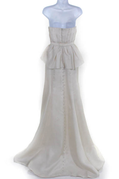 Rafael Cennamo White Couture  Beige Strapless Pleated Peplum Bridal Gown Size 4