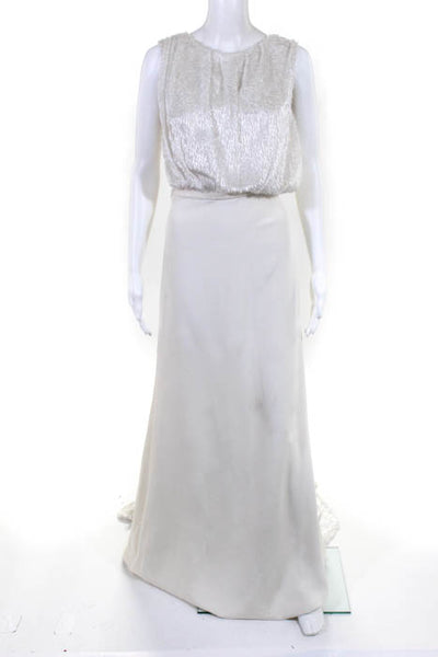 Rafael Cennamo White Couture  Ivory Gray Silk Fringe Sleeveless Boat Neck Bridal