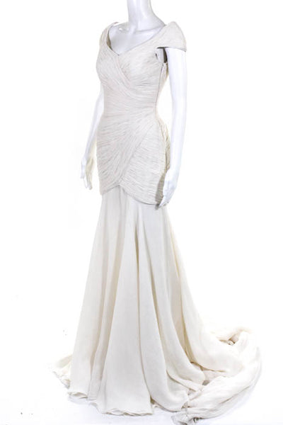 Rafael Cennamo White Couture  Ivory Silk Short Sleeve Pleated V-Neck Bridal Gown