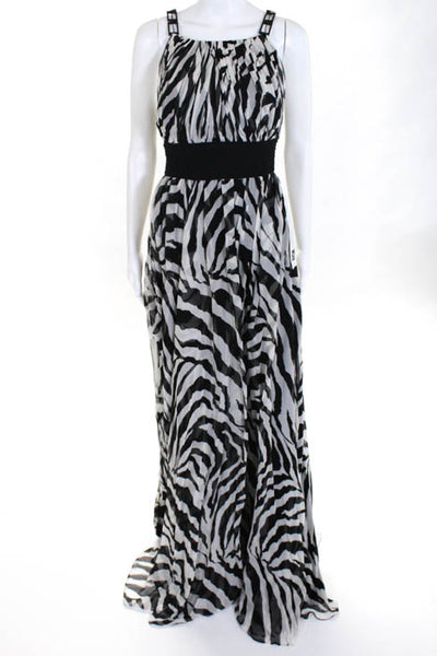 Marchesa Notte Black White Silk Animal Print Scoop Neck Ball Gown Size 10 LL19LL