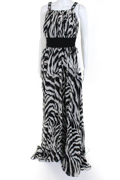 Marchesa Notte Black White Silk Animal Print Scoop Neck Ball Gown Size 10 LL19LL