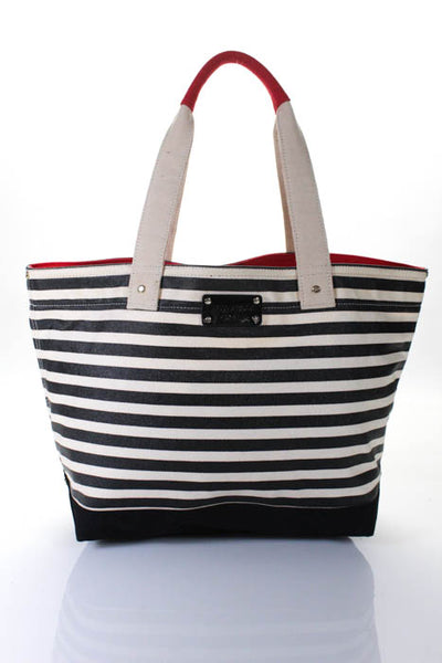 Kate Spade New York Black White Canvas Striped Open Top Tote Handbag