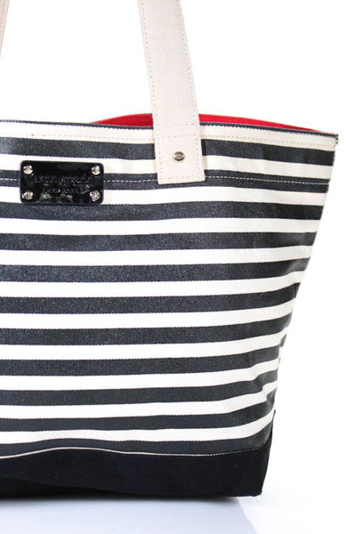 Kate Spade New York Black White Canvas Striped Open Top Tote Handbag