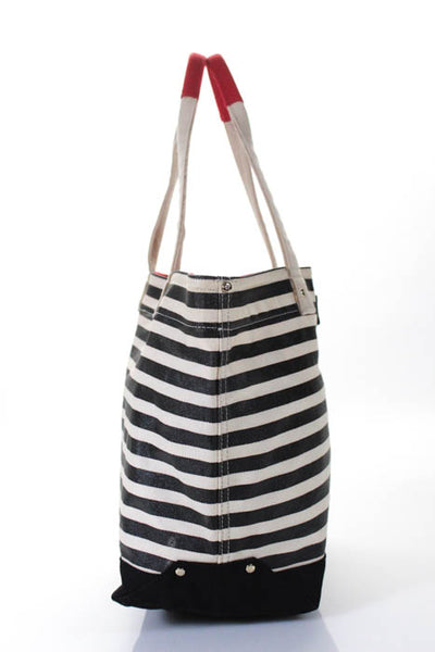Kate Spade New York Black White Canvas Striped Open Top Tote Handbag