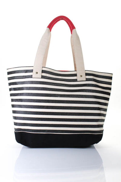 Kate Spade New York Black White Canvas Striped Open Top Tote Handbag