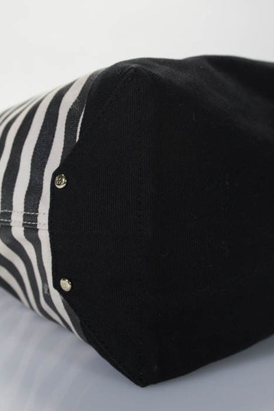 Kate Spade New York Black White Canvas Striped Open Top Tote Handbag