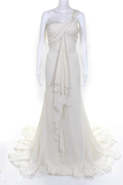 Rafael Cennamo White Couture  Ivory One Shoulder Beaded Draped Abigayle Bridal G