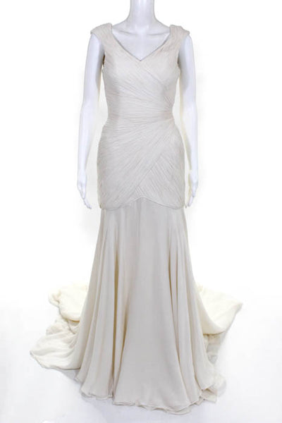 Rafael Cennamo White Couture Ivory Silk Sleeveless V-Neck Pleated Mermaid Bridal