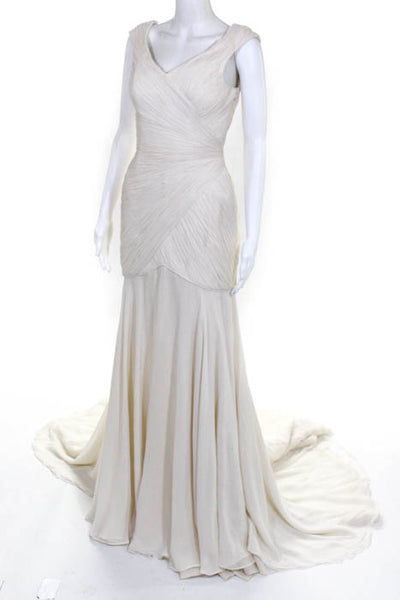 Rafael Cennamo White Couture Ivory Silk Sleeveless V-Neck Pleated Mermaid Bridal