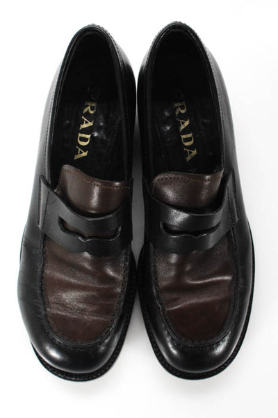Prada Black Brown Leather Round Toe Loafers Size IT 37.5 7.5