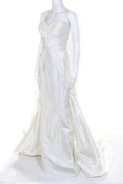 Rafael Cennamo White Couture  Ivory Silk Strapless Beaded Pleated Bridal Gown Si