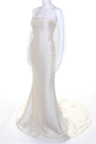 Rafael Cennamo White Couture Ivory Spaghetti Strap Buttoned Back Mikado Fishtail