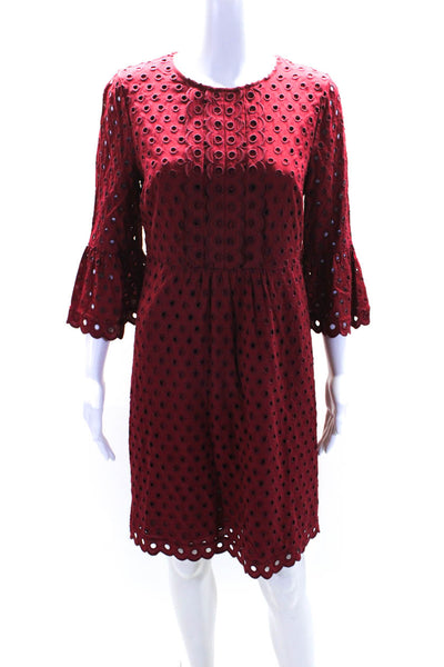 Boden Womens Eyelet Lace Scalloped Trim Long Sleeve Sheath Dress Red Size 4