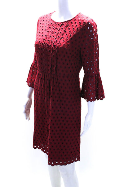 Boden Womens Eyelet Lace Scalloped Trim Long Sleeve Sheath Dress Red Size 4