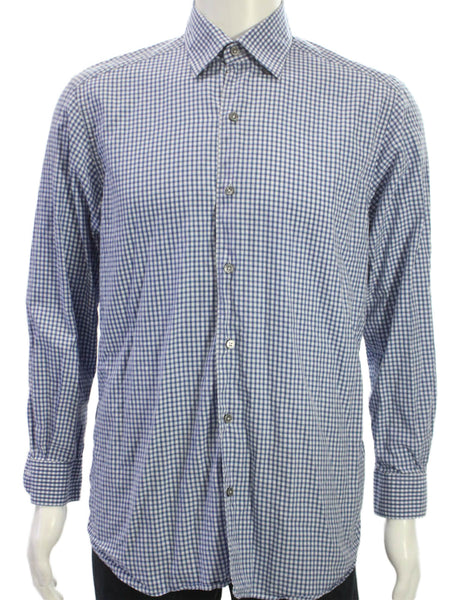 Ermenegildo Zegna Mens Button Up Cotton Check Long Sleeve Blue Shirt Size M