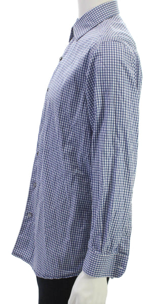 Ermenegildo Zegna Mens Button Up Cotton Check Long Sleeve Blue Shirt Size M