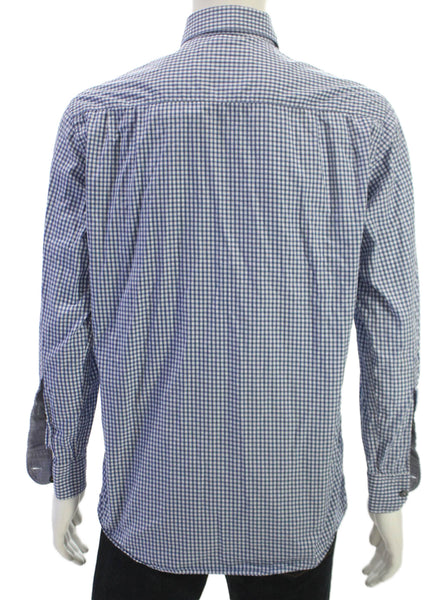 Ermenegildo Zegna Mens Button Up Cotton Check Long Sleeve Blue Shirt Size M