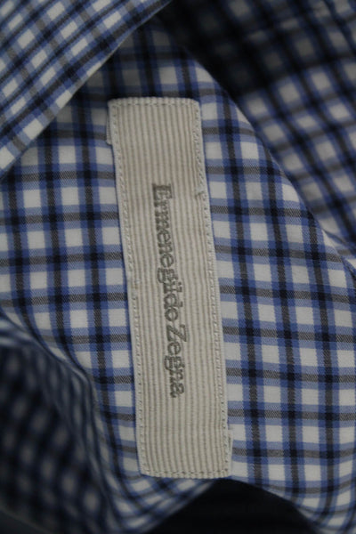 Ermenegildo Zegna Mens Button Up Cotton Check Long Sleeve Blue Shirt Size M