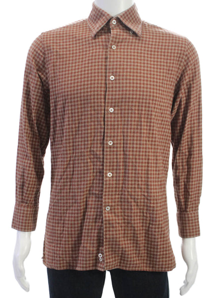 Canali Mens Button Up Brown Check Cotton Blend Shirt Long Sleeve Size M