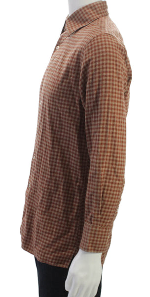 Canali Mens Button Up Brown Check Cotton Blend Shirt Long Sleeve Size M