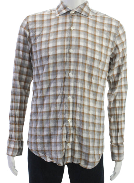 ELEVENTY Mens Collared Plaid Button Up Cotton Shirt Long Sleeve Size M