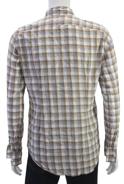 ELEVENTY Mens Collared Plaid Button Up Cotton Shirt Long Sleeve Size M