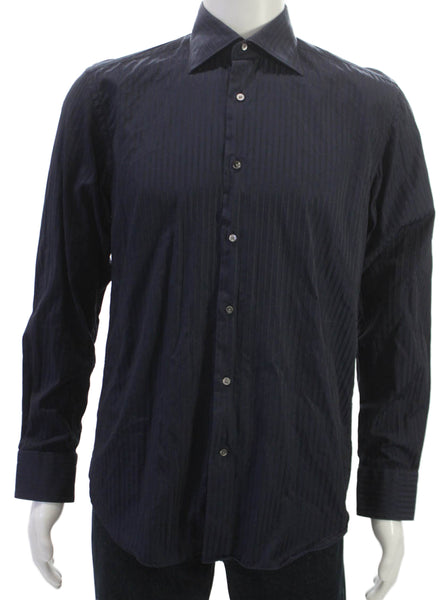 Canali Mens Button Up Shirt Striped Blue Cotton Long Sleeve Size M
