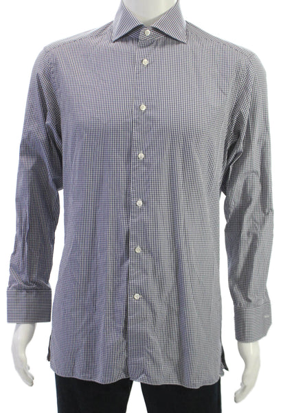 Ermenegildo Zegna Mens Button Up Blue Check Cotton Long Sleeve Shirt Size M