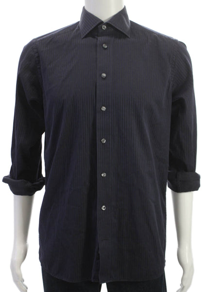 Eton Mens Blue Striped Button Up Dress Shirt Cotton Blend Long Sleeve Size M
