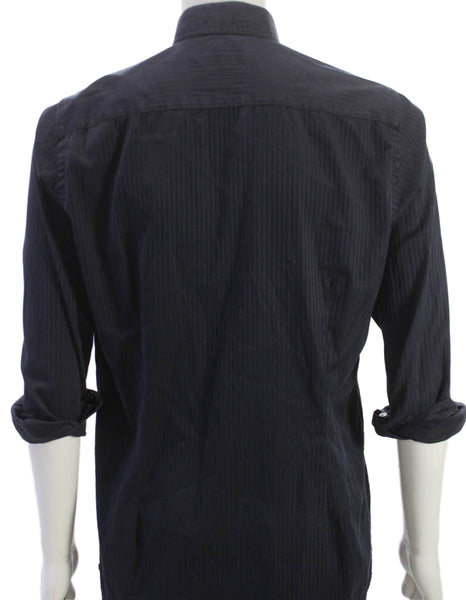 Eton Mens Blue Striped Button Up Dress Shirt Cotton Blend Long Sleeve Size M