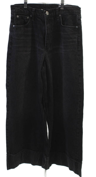 Rag & Bone Womens Wide Leg Jeans Black High Rise Button Size 29