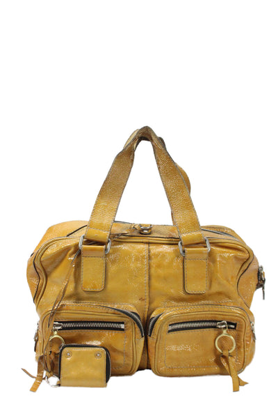 Chloe Womens Patent Leather Zipper Closure Satchel Shoulder Handbag Yellow