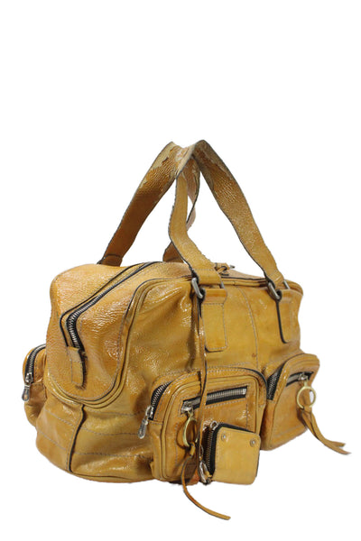 Chloe Womens Patent Leather Zipper Closure Satchel Shoulder Handbag Yellow