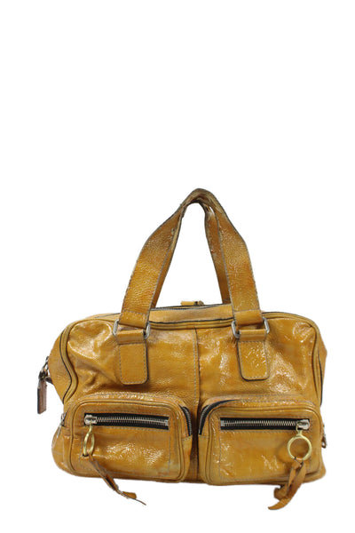 Chloe Womens Patent Leather Zipper Closure Satchel Shoulder Handbag Yellow