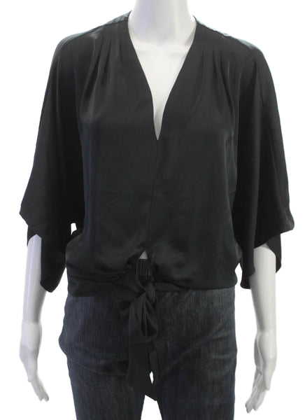 Ramy Brook Women Black Kimono Blouse V Neck 3/4 Sleeve Petite Size XS