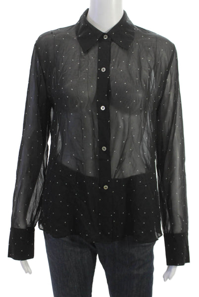 Vince Women Basic Button-Up Black Polka Dot Collared Long Sleeve Size M