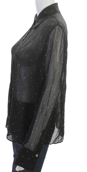 Vince Women Basic Button-Up Black Polka Dot Collared Long Sleeve Size M