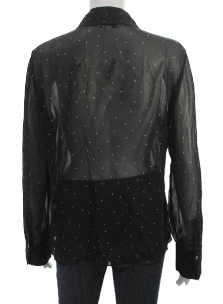 Vince Women Basic Button-Up Black Polka Dot Collared Long Sleeve Size M