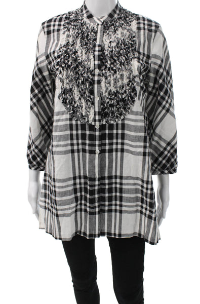 Paper White Womens Black Linen Plaid Collared Tunic Button Up 3/4 Sleeve Size 6