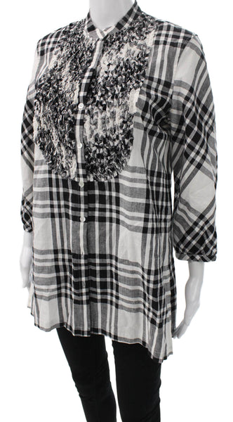 Paper White Womens Black Linen Plaid Collared Tunic Button Up 3/4 Sleeve Size 6