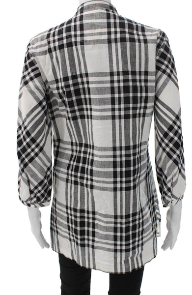 Paper White Womens Black Linen Plaid Collared Tunic Button Up 3/4 Sleeve Size 6