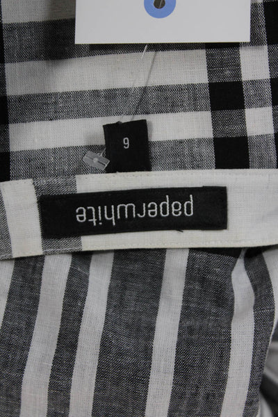 Paper White Womens Black Linen Plaid Collared Tunic Button Up 3/4 Sleeve Size 6