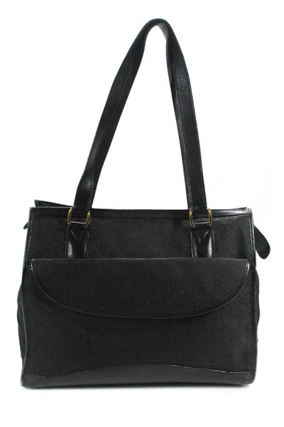 Gucci  Black Canvas Leather Trim Zip Up Pocket Front Tote Handbag