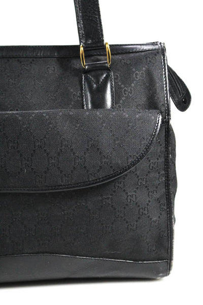 Gucci  Black Canvas Leather Trim Zip Up Pocket Front Tote Handbag
