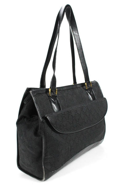 Gucci  Black Canvas Leather Trim Zip Up Pocket Front Tote Handbag