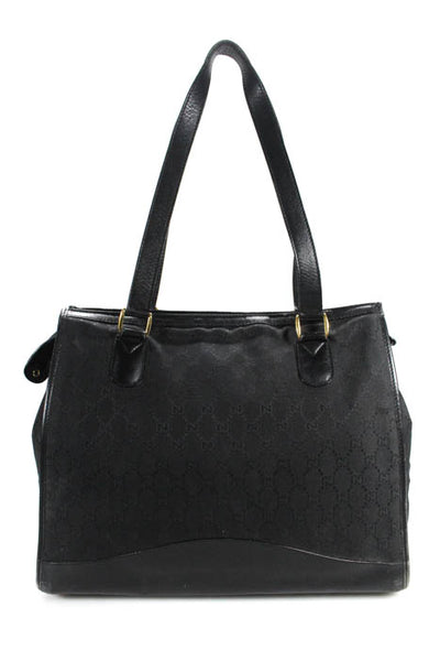 Gucci  Black Canvas Leather Trim Zip Up Pocket Front Tote Handbag