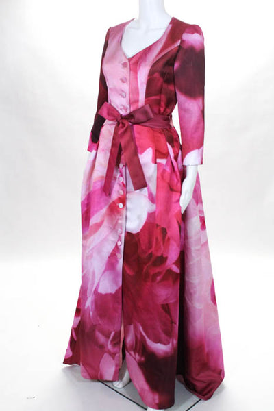 Carolina Herrera Pink Floral Printed Belted Button Front Long Sleeve Gown Size 4