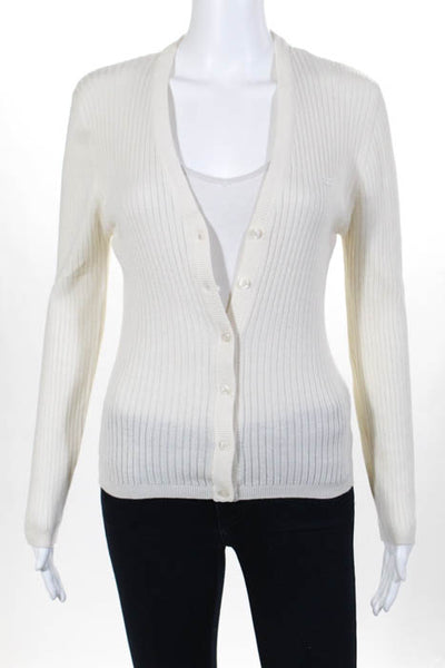 Courreges Ivory Merino Wool Ribbed Knit V Neck Cardigan Size Large