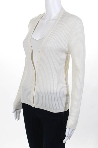 Courreges Ivory Merino Wool Ribbed Knit V Neck Cardigan Size Large